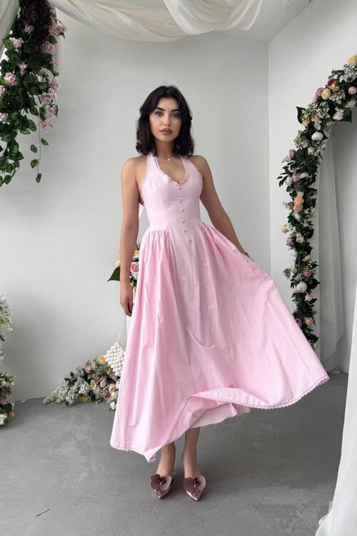 Linnesa Düğme Detaylı Elbise Pembe