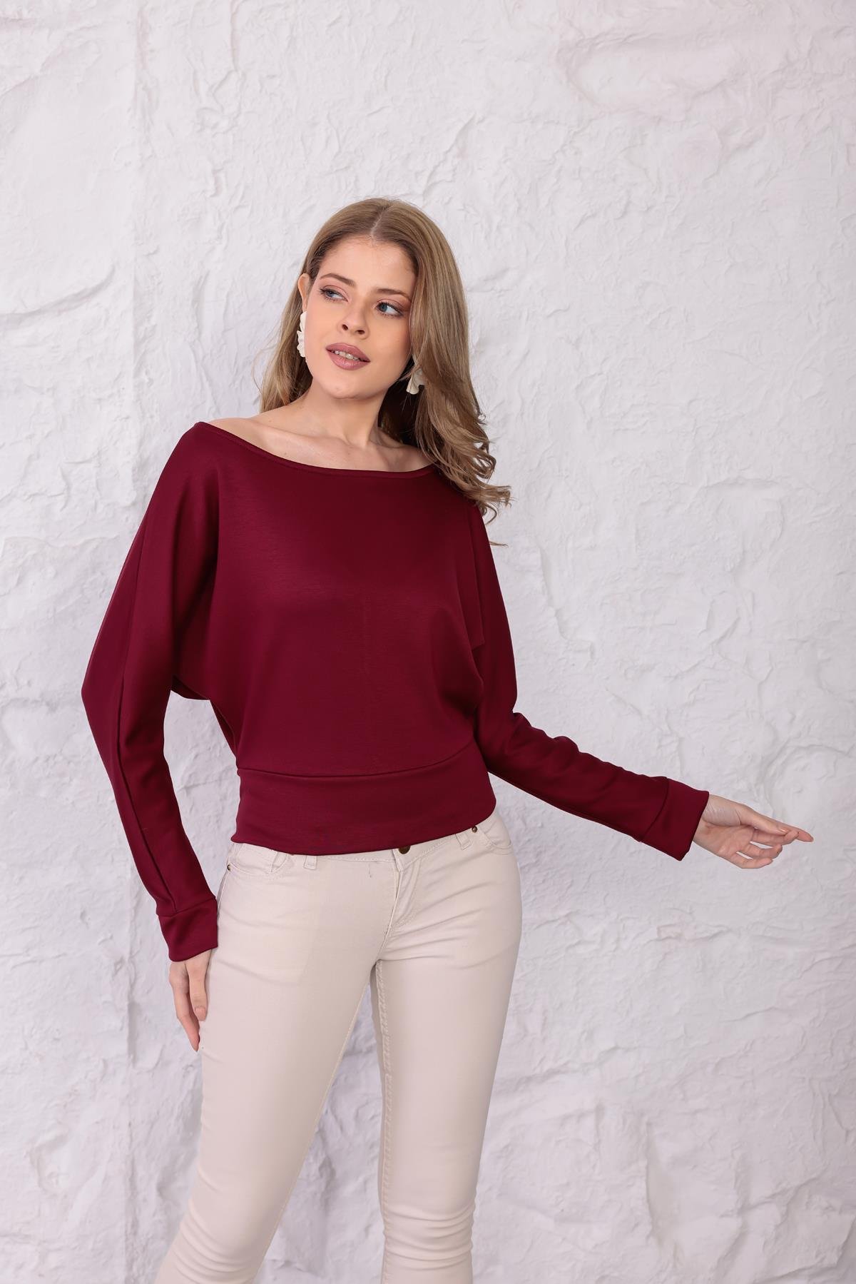 Luna Yarasa Kol Bel Büzgü Detaylı Bluz Bordo