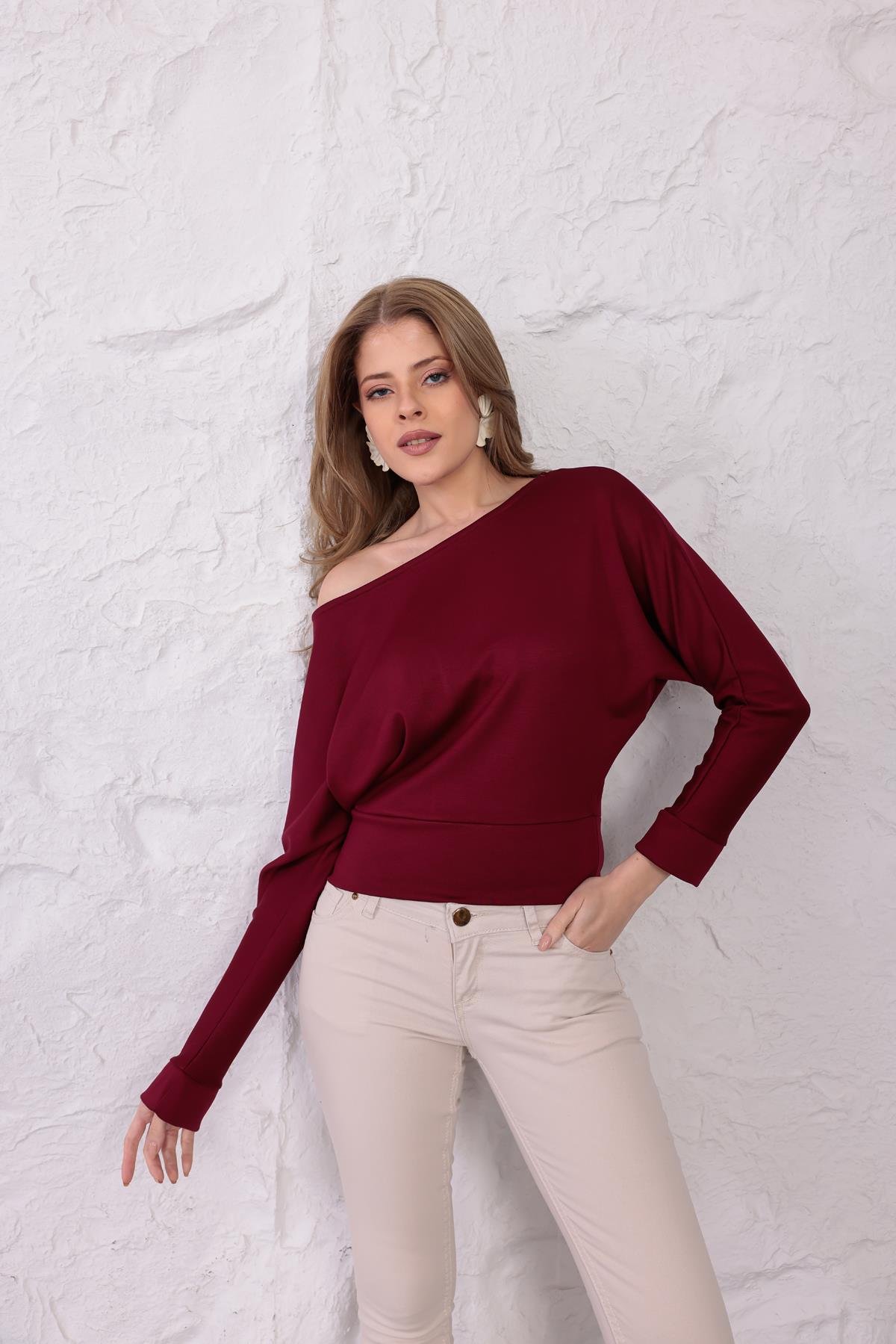Luna Yarasa Kol Bel Büzgü Detaylı Bluz Bordo