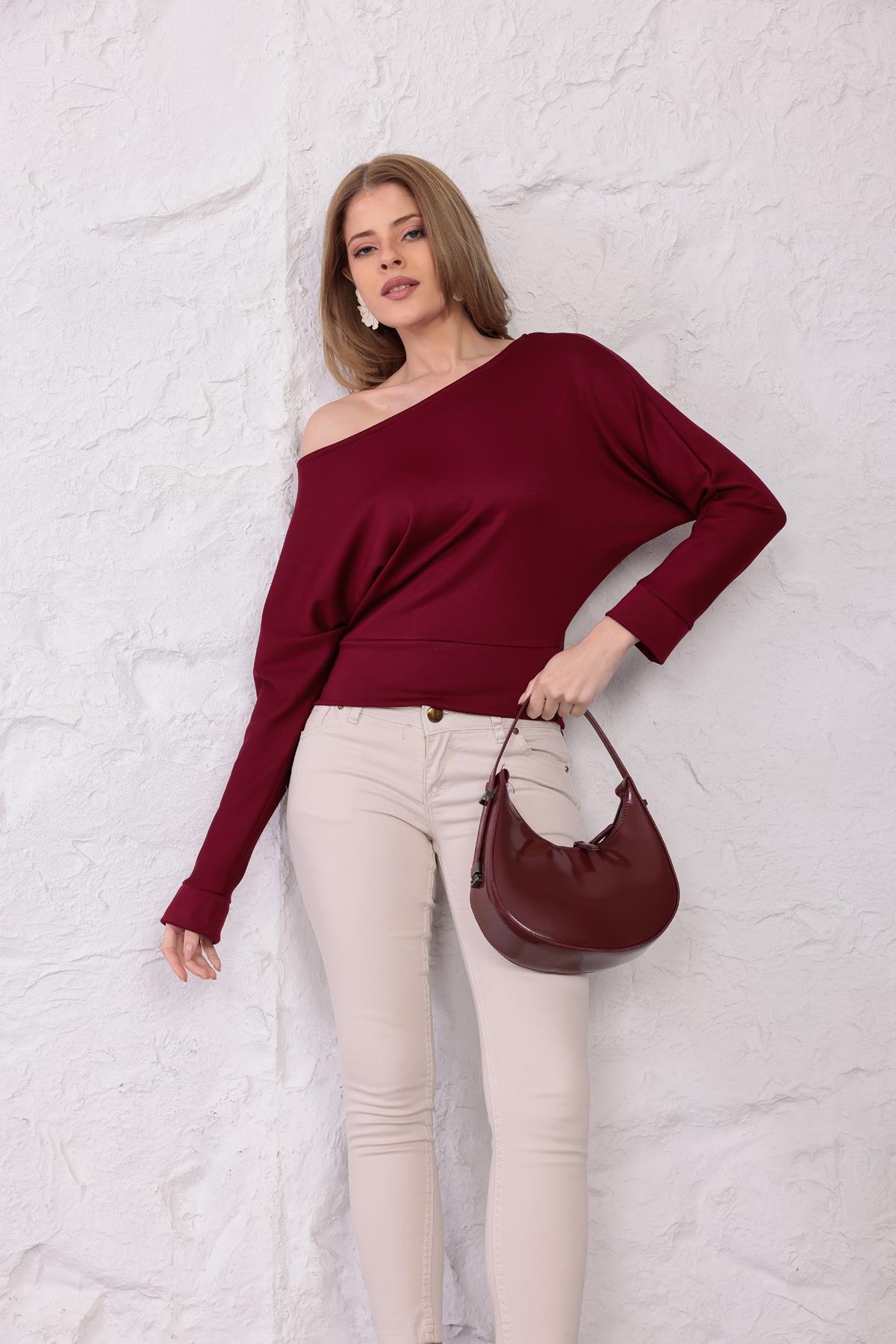 Luna Yarasa Kol Bel Büzgü Detaylı Bluz Bordo