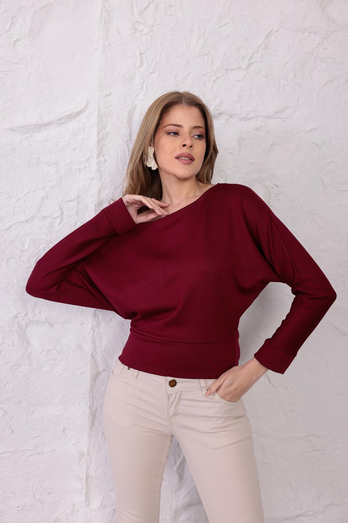 Luna Yarasa Kol Bel Büzgü Detaylı Bluz Bordo