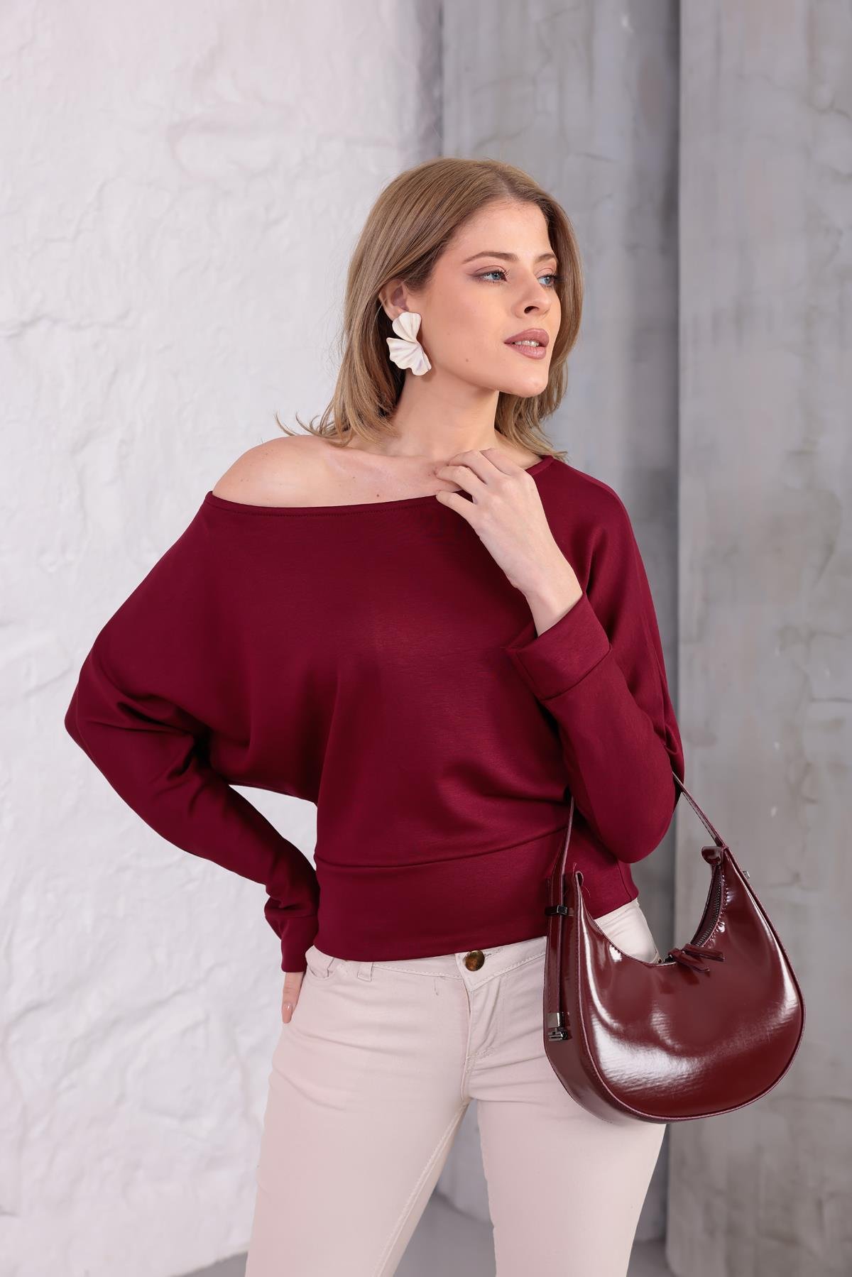 Luna Yarasa Kol Bel Büzgü Detaylı Bluz Bordo