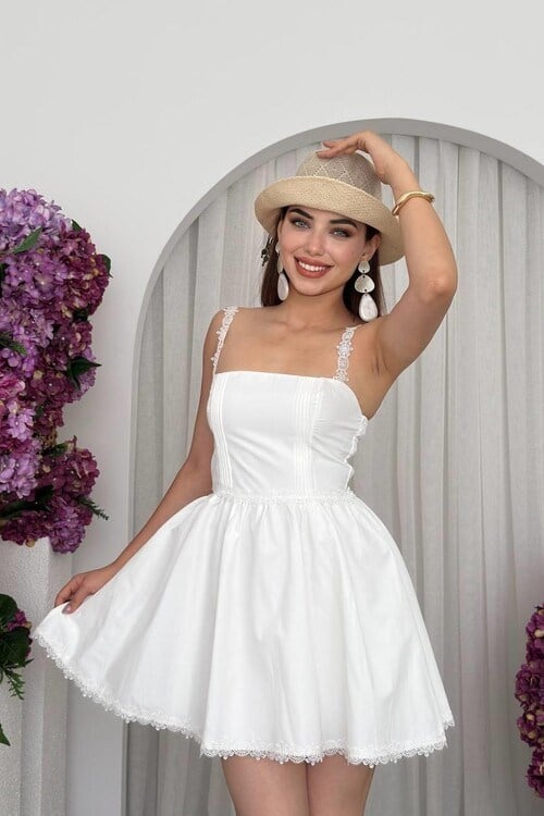 Merna Tül Askılı Mini Elbise Ekru