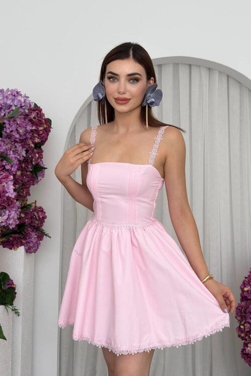 Merna Tül Askılı Mini Elbise Pembe