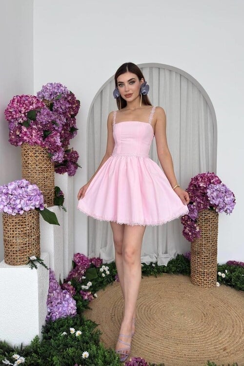 Merna Tül Askılı Mini Elbise Pembe