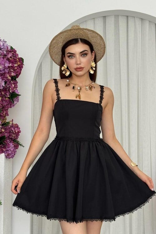 Merna Tül Askılı Mini Elbise Siyah