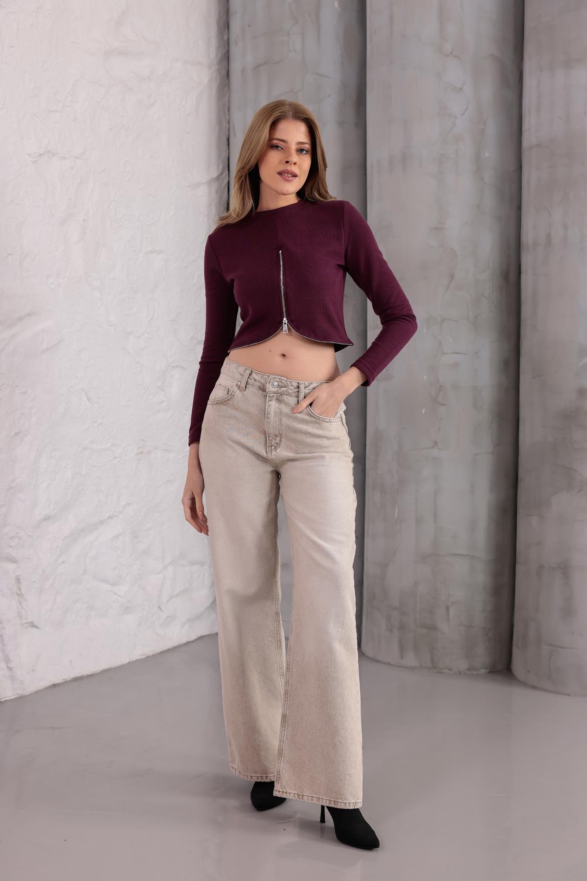 Mira Selanik Oval Fermuar Bluz Bordo