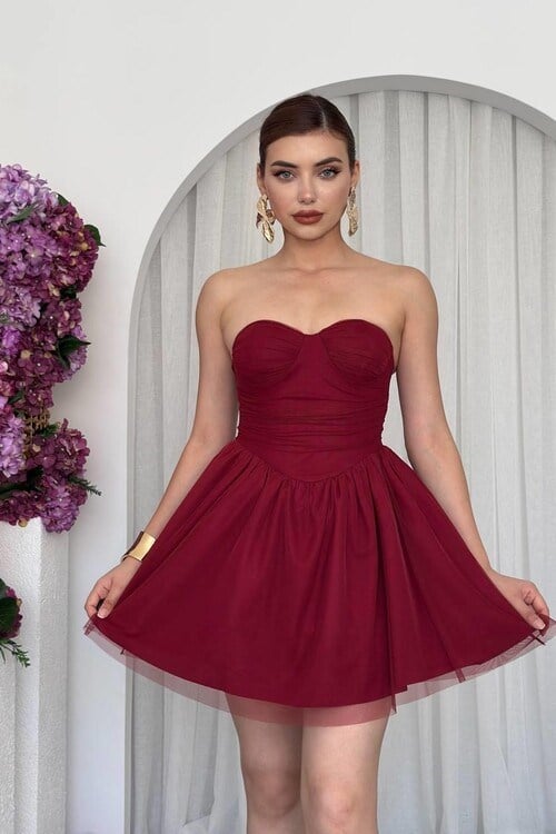 Mure Straplez Elbise Bordo