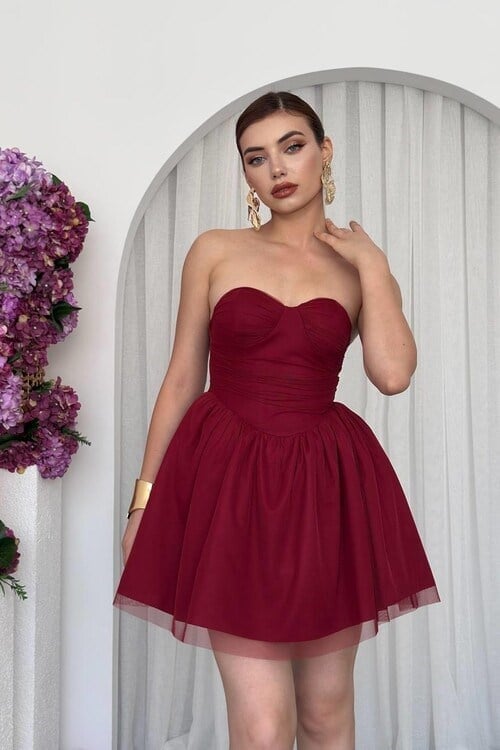 Mure Straplez Elbise Bordo