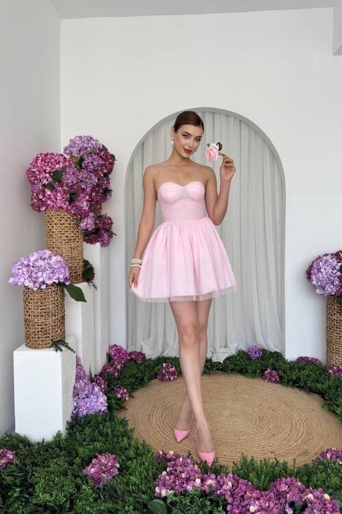 Mure Straplez Elbise Pembe