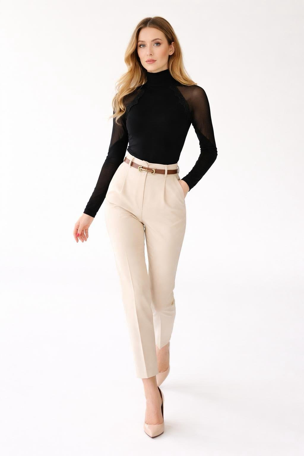 Neriva Tül Detaylı Yarım Balıkçı Slim Fit Bluz Siyah