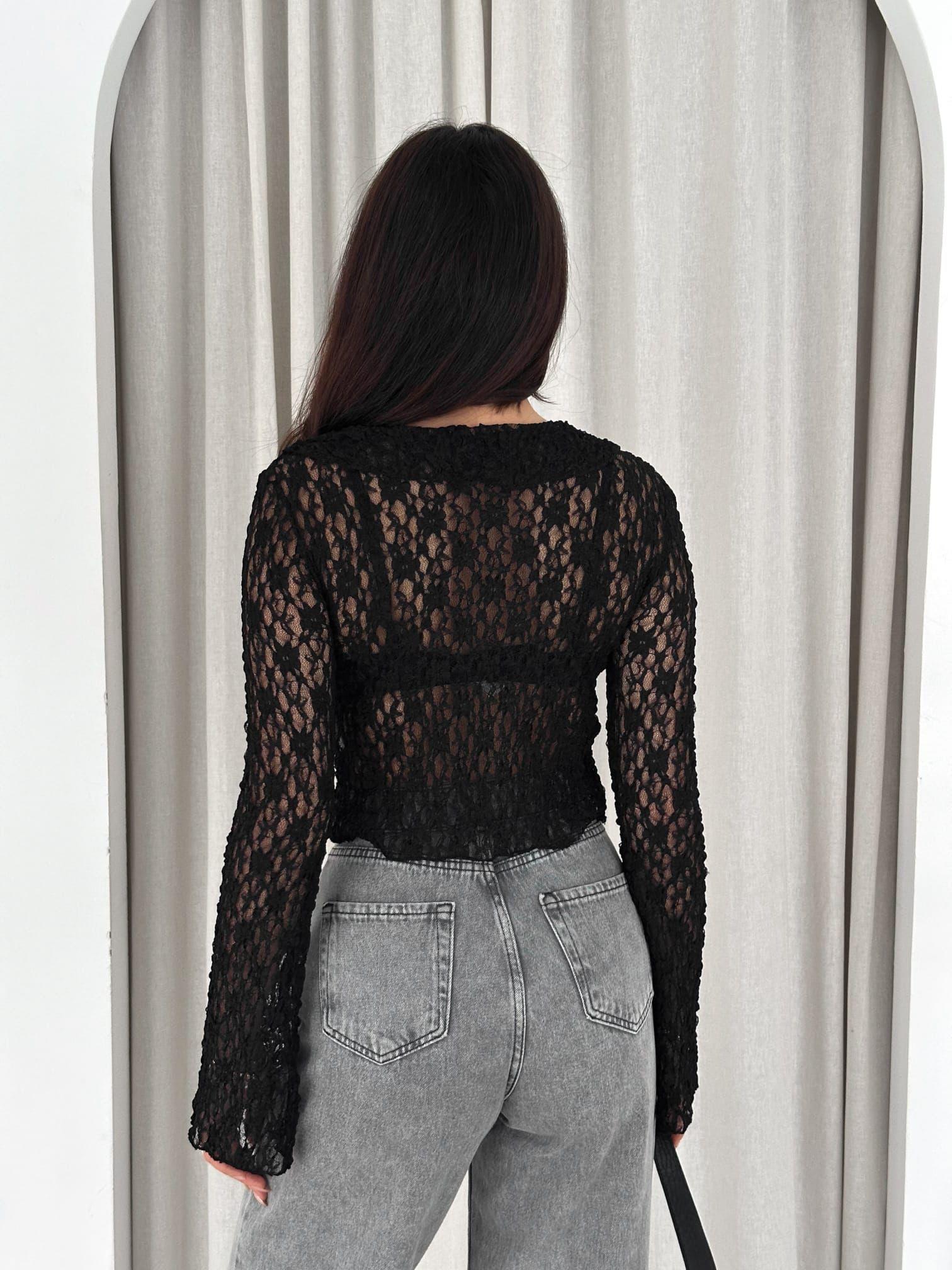 Noir Lace Bağlamalı Dantel Bluz Siyah