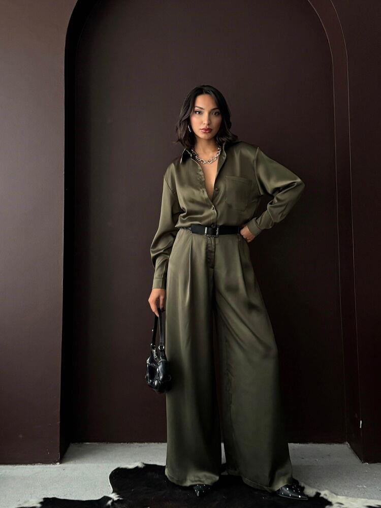 Noir Silk Saten Gömlek Haki