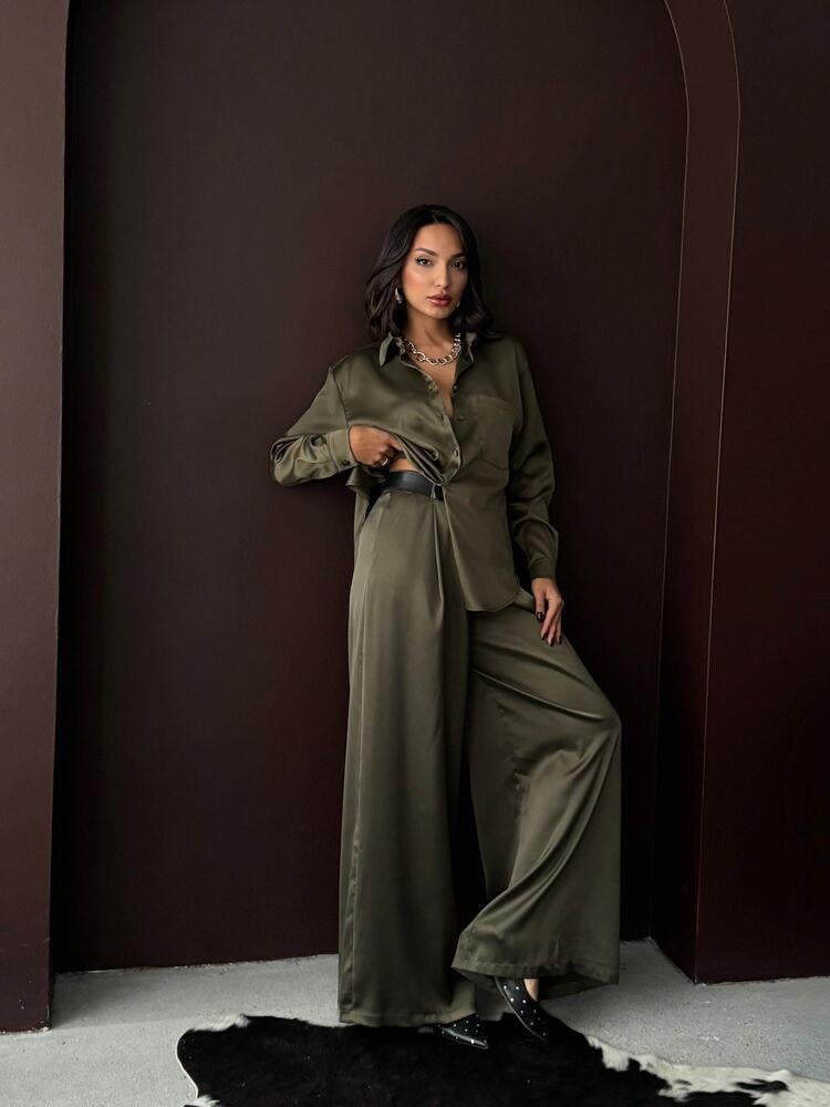 Noir Silk Saten Gömlek Haki