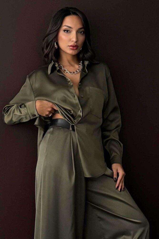 Noir Silk Saten Gömlek Haki