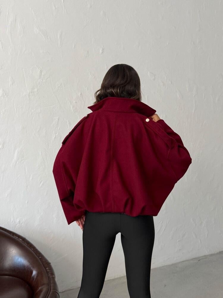 Oversize Kaşe Bomber Mont Siyah Kırmızı
