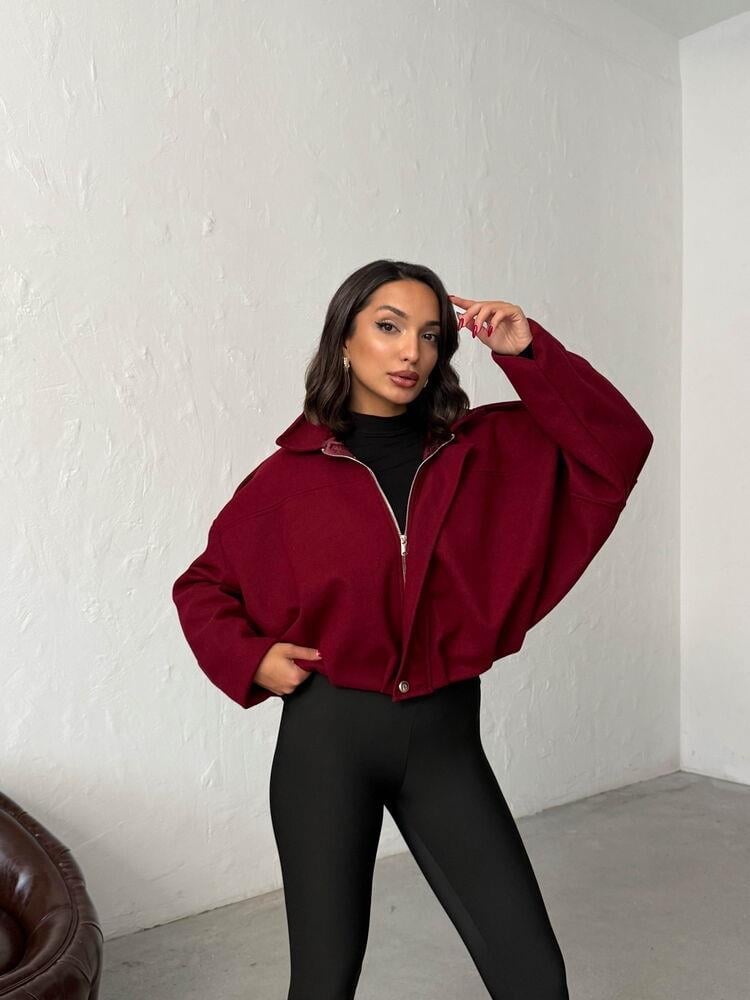 Oversize Kaşe Bomber Mont Siyah Kırmızı