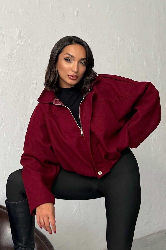 Oversize Kaşe Bomber Mont Siyah Kırmızı