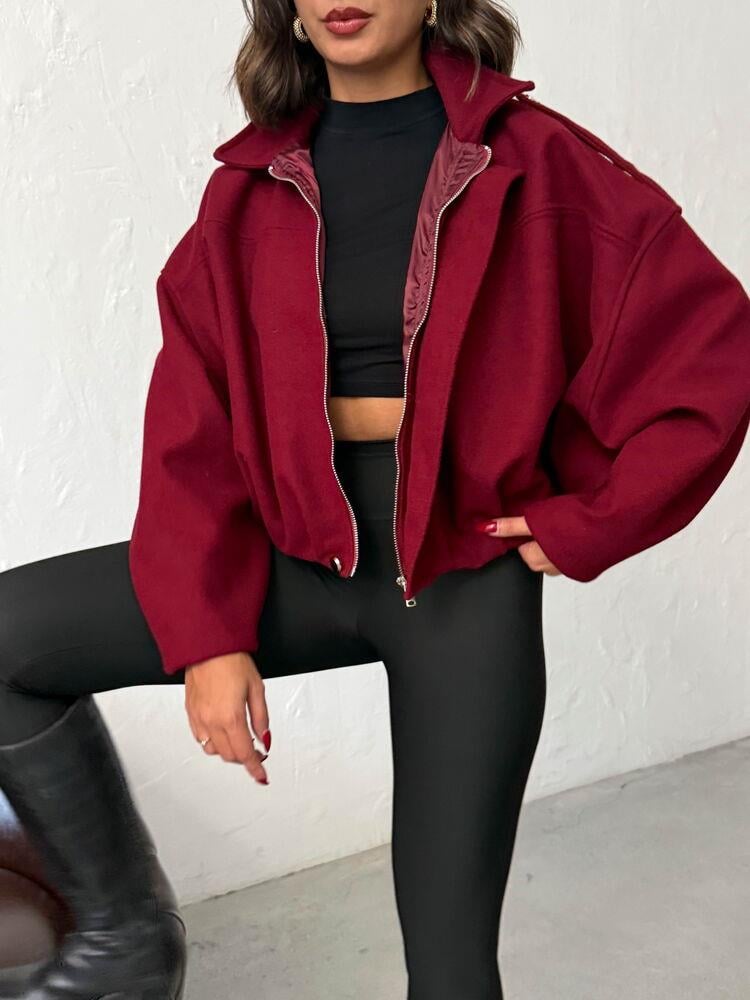 Oversize Kaşe Bomber Mont Siyah Kırmızı