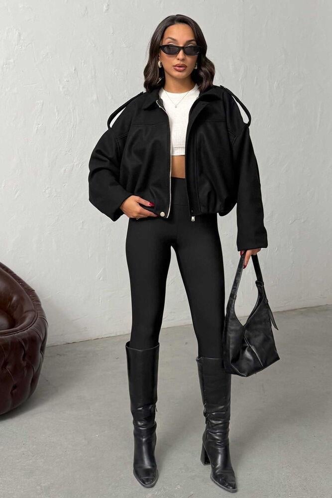 Oversize Kaşe Bomber Mont Siyah Siyah