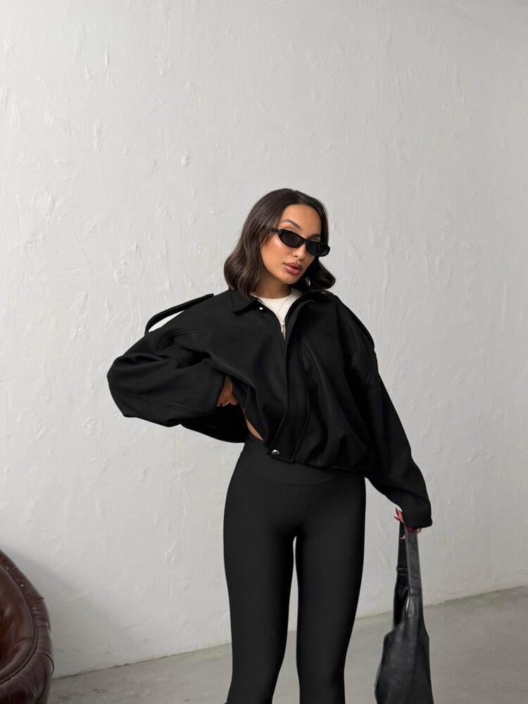 Oversize Kaşe Bomber Mont Siyah Siyah