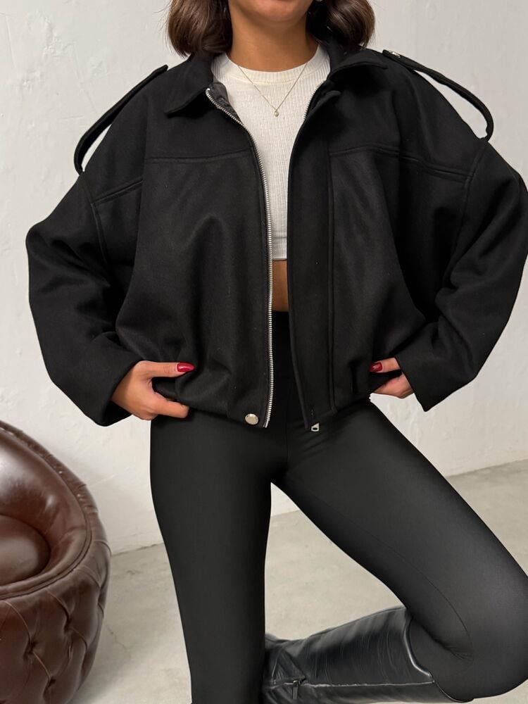 Oversize Kaşe Bomber Mont Siyah Siyah