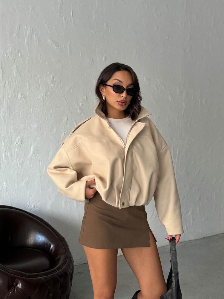 Oversize Kaşe Bomber Mont Siyah Taş