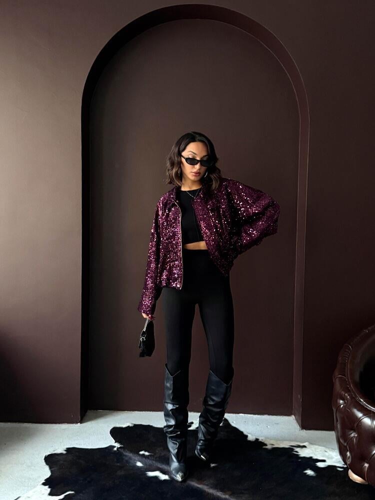 Oversize Pullu Kadife Bomber Mont Mürdüm