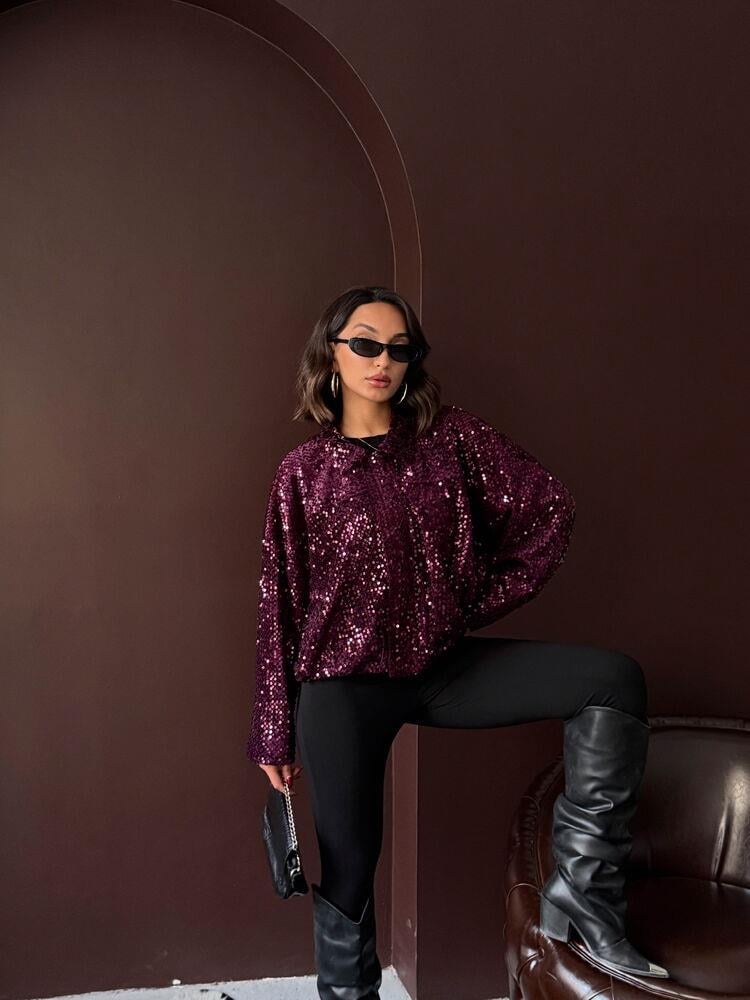 Oversize Pullu Kadife Bomber Mont Mürdüm
