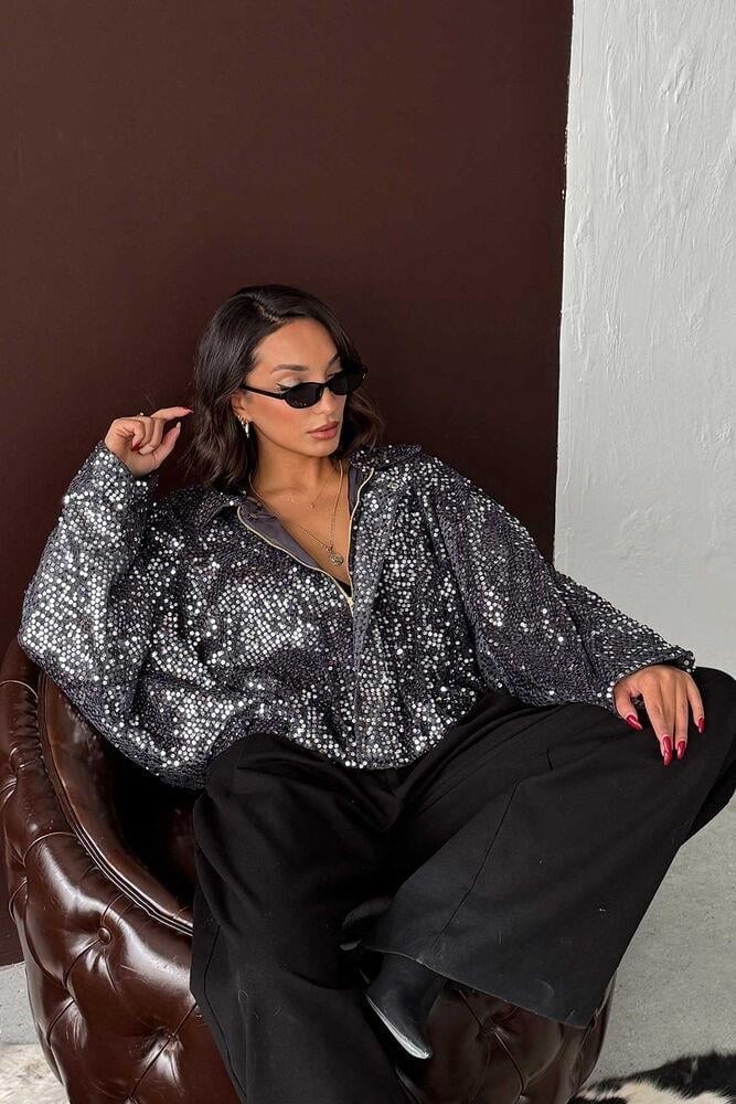 Oversize Pullu Kadife Bomber Mont Siyah - Gümüş