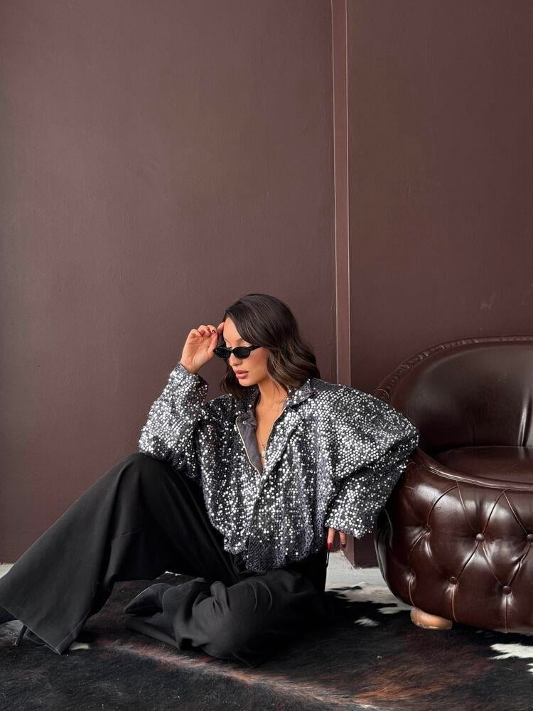 Oversize Pullu Kadife Bomber Mont Siyah - Gümüş