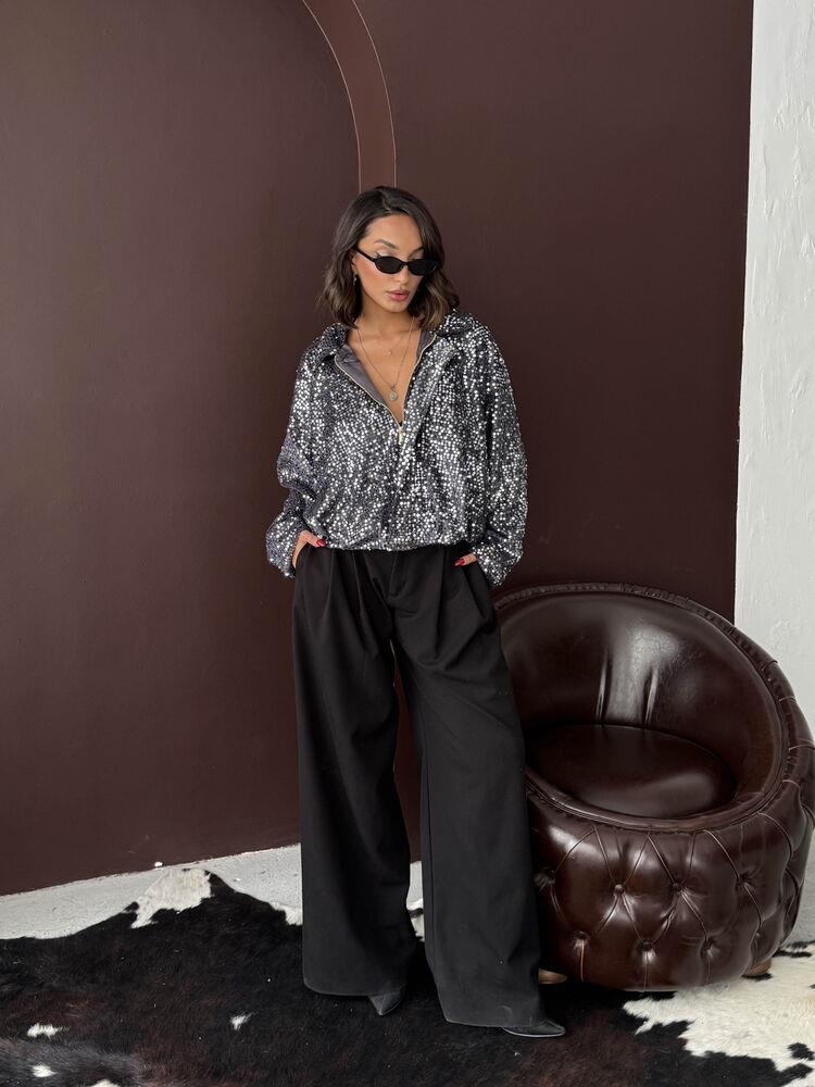 Oversize Pullu Kadife Bomber Mont Siyah - Gümüş