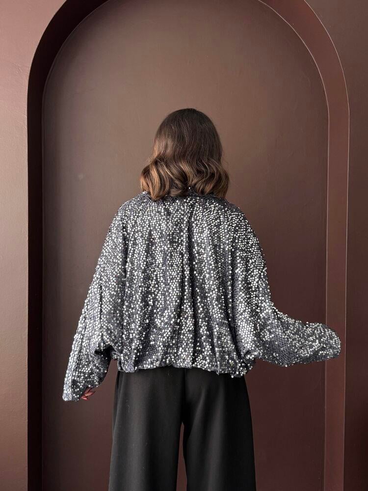 Oversize Pullu Kadife Bomber Mont Siyah - Gümüş
