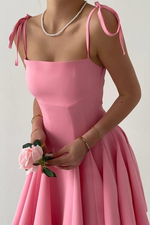 Perliy Askılı Mini Elbise Pembe