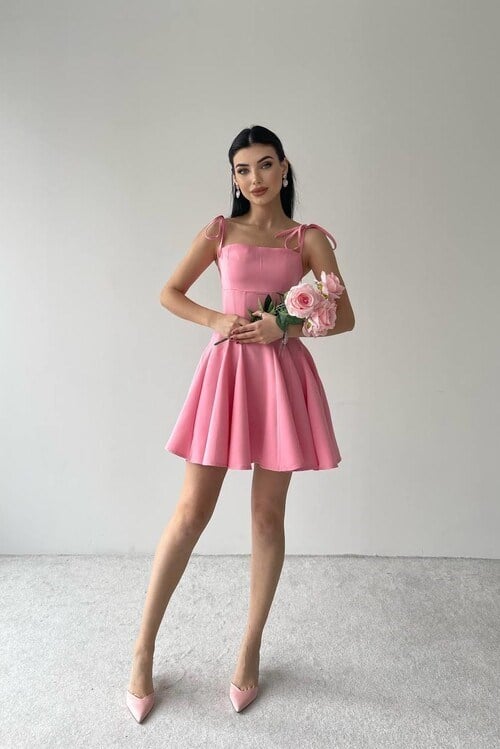 Perliy Askılı Mini Elbise Pembe