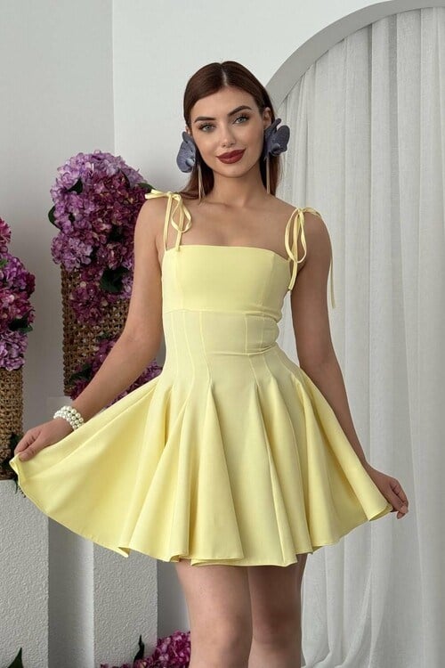 Perliy Askılı Mini Elbise Sarı
