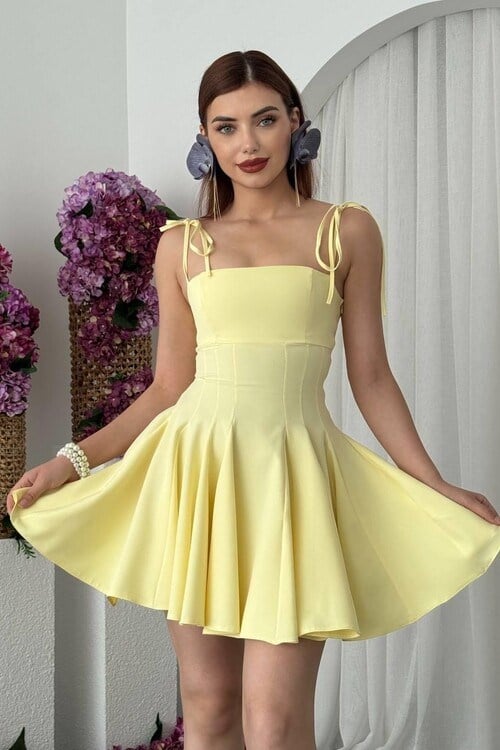 Perliy Askılı Mini Elbise Sarı