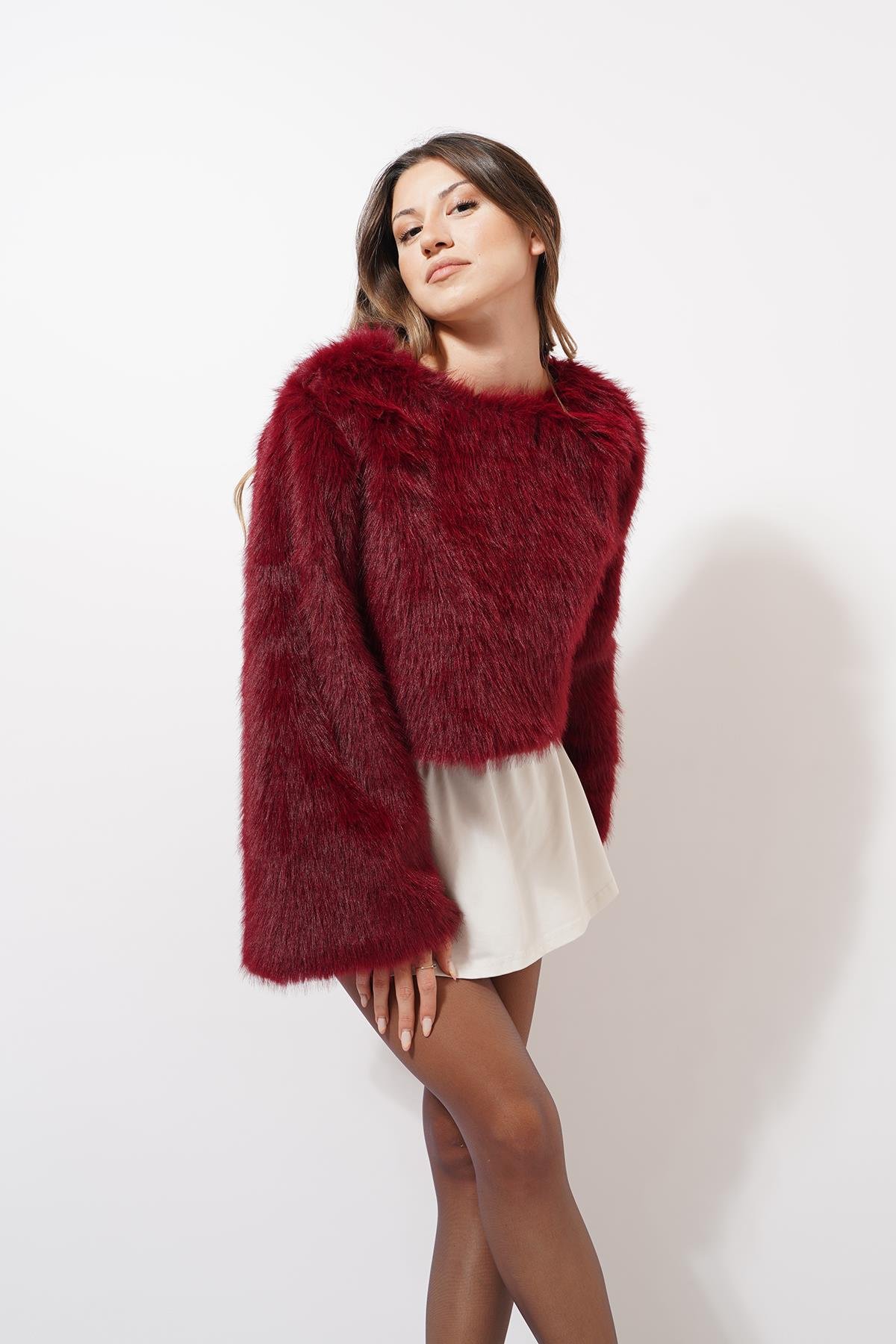 Rise Peluş Kürk Kazak Bordo