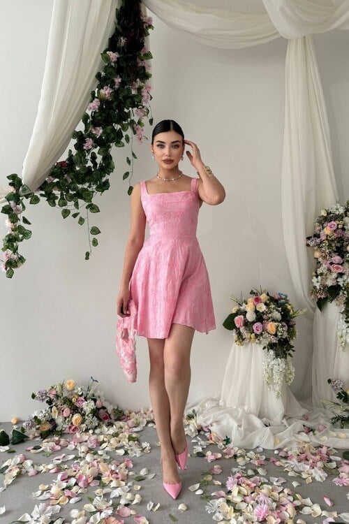 Ronney Çiçek Nakışlı Elbise Pembe