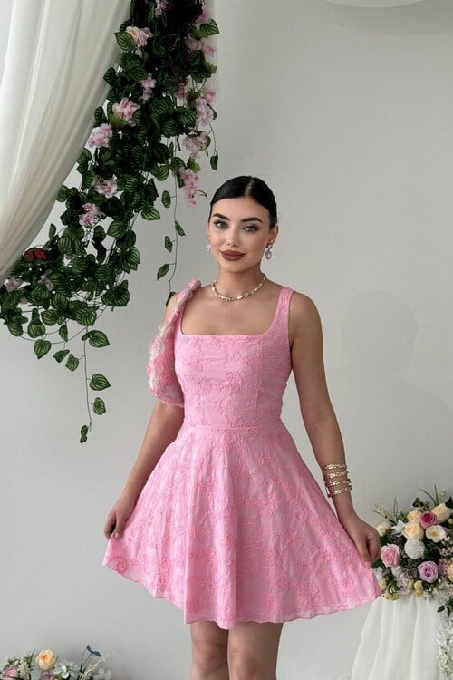 Ronney Çiçek Nakışlı Elbise Pembe