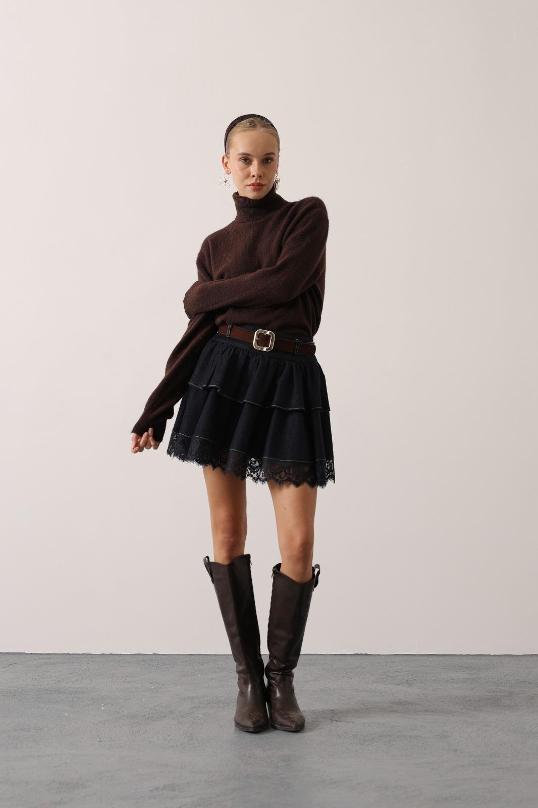 Roxie Kat Kat Dantelli Denim Mini Etek Kot Mavi