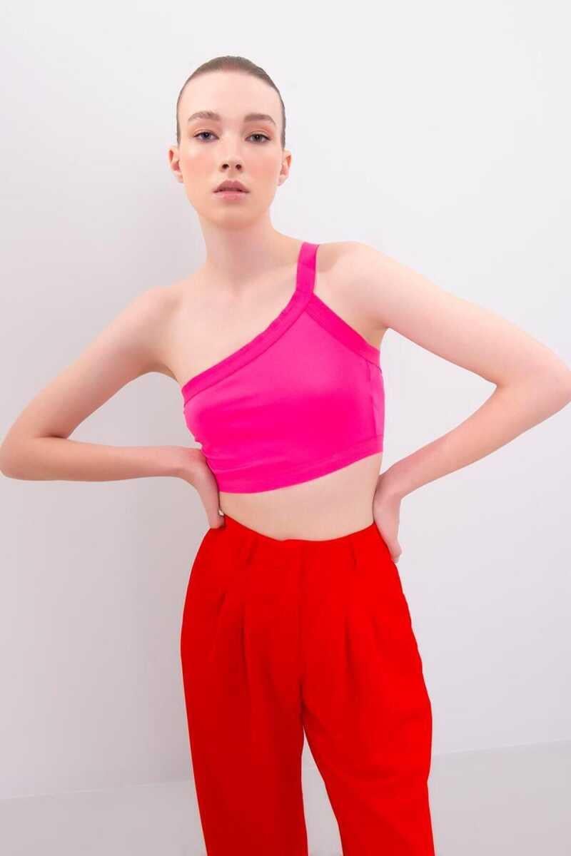 Roy Yüksek Kalite Kadın Tek Omuzlu Arkadan Askılı Crop Top Pembe