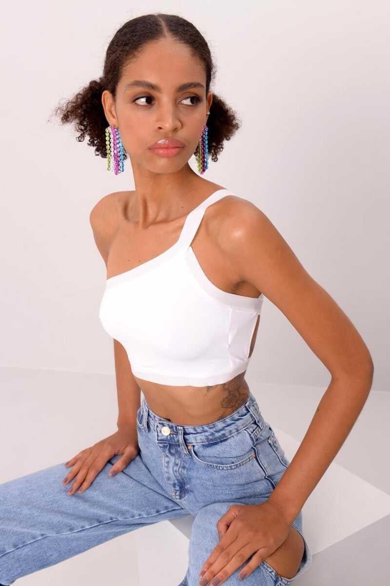 Roy Yüksek Kalite Kadın Tek Omuzlu Arkadan Askılı Crop Top Beyaz