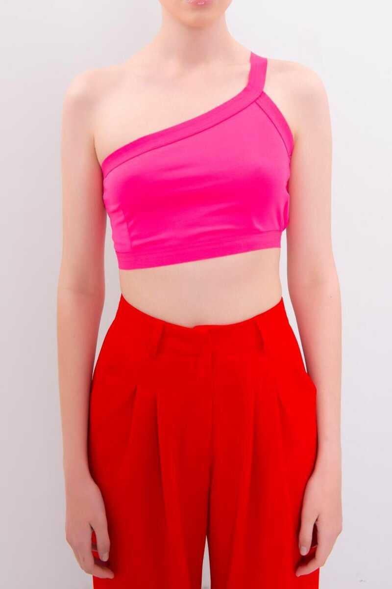 Roy Yüksek Kalite Kadın Tek Omuzlu Arkadan Askılı Crop Top Pembe