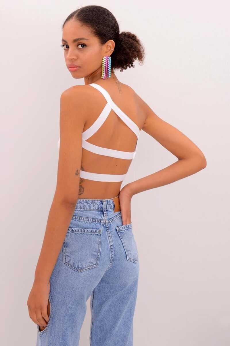 Roy Yüksek Kalite Kadın Tek Omuzlu Arkadan Askılı Crop Top Beyaz