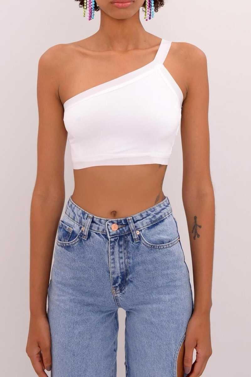 Roy Yüksek Kalite Kadın Tek Omuzlu Arkadan Askılı Crop Top Beyaz
