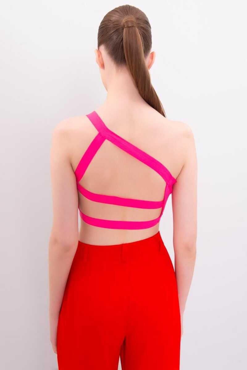 Roy Yüksek Kalite Kadın Tek Omuzlu Arkadan Askılı Crop Top Pembe
