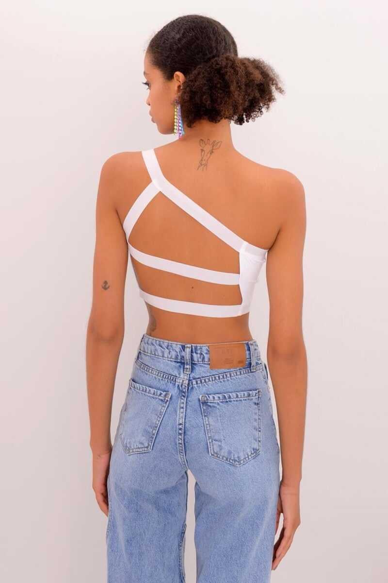 Roy Yüksek Kalite Kadın Tek Omuzlu Arkadan Askılı Crop Top Beyaz