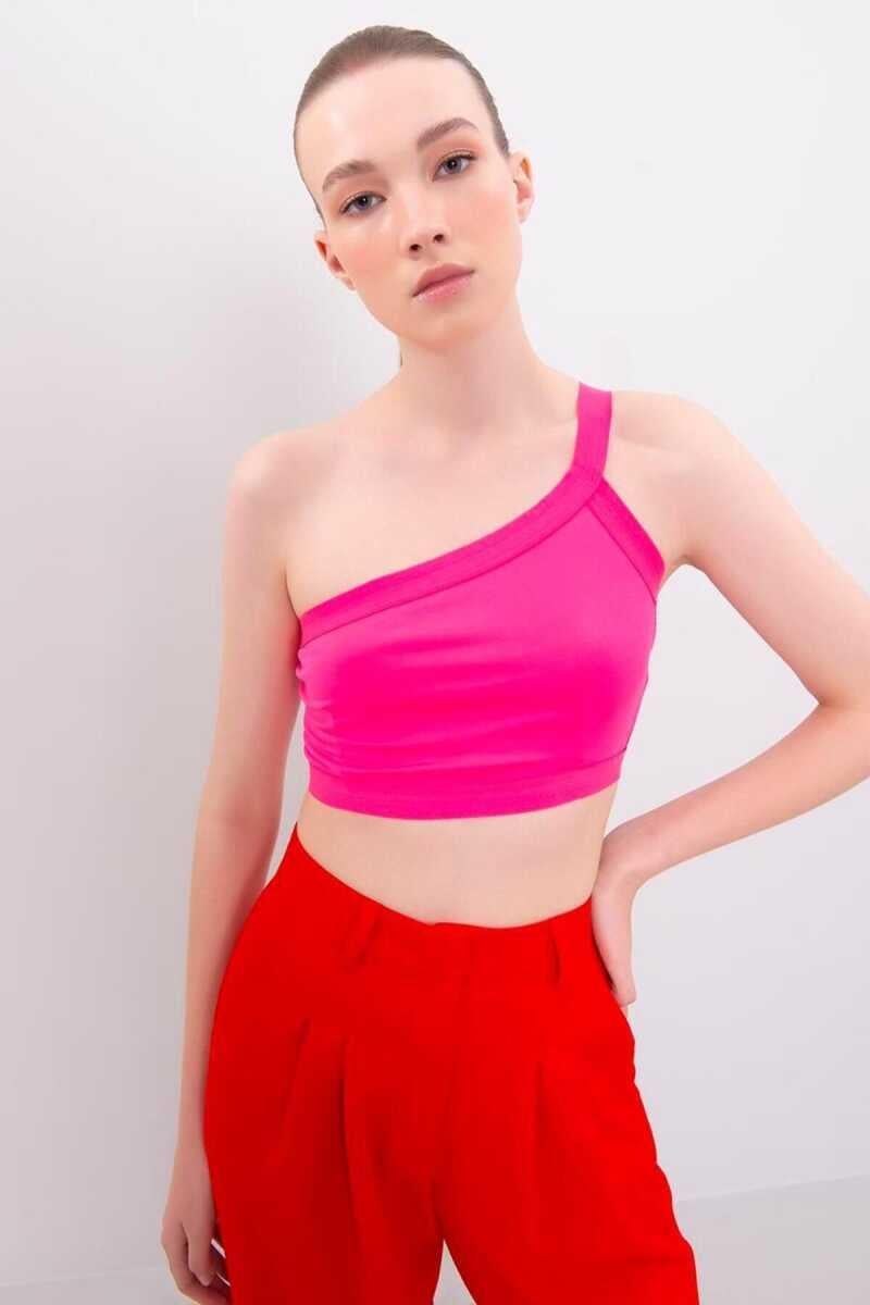 Roy Yüksek Kalite Kadın Tek Omuzlu Arkadan Askılı Crop Top Pembe