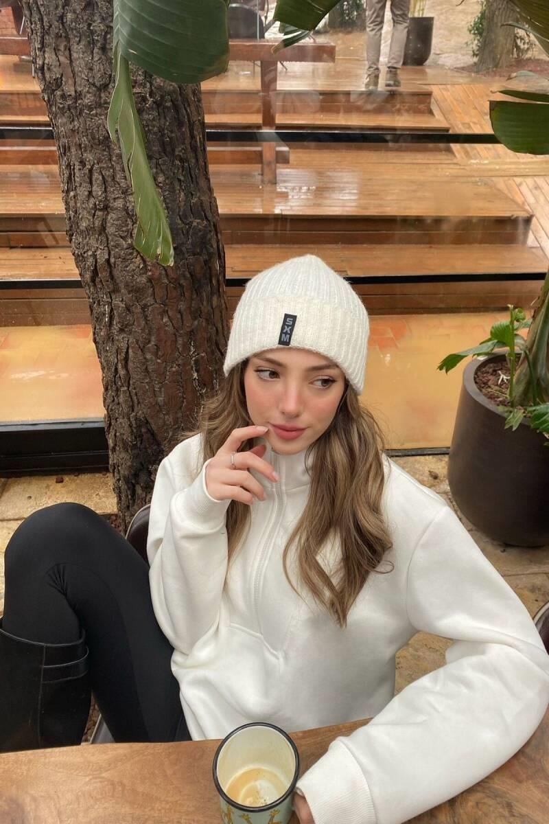 Royal Yüksek Kalite Kadın Fermuar Detaylı Oversize Sweatshirt Beyaz